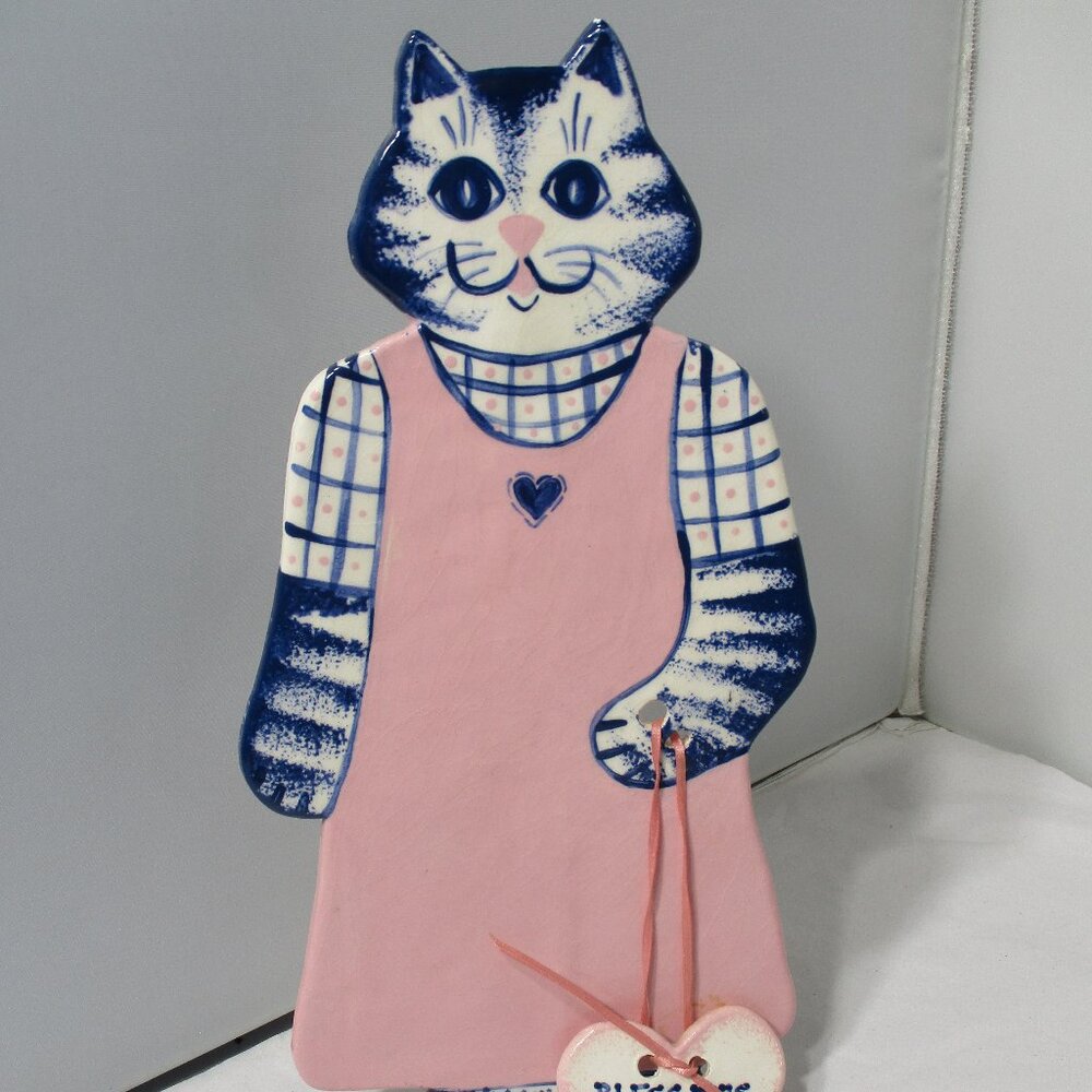 Decorative Folk Art Ceramic Cat Figurine Stand Bless This House Saying Decor